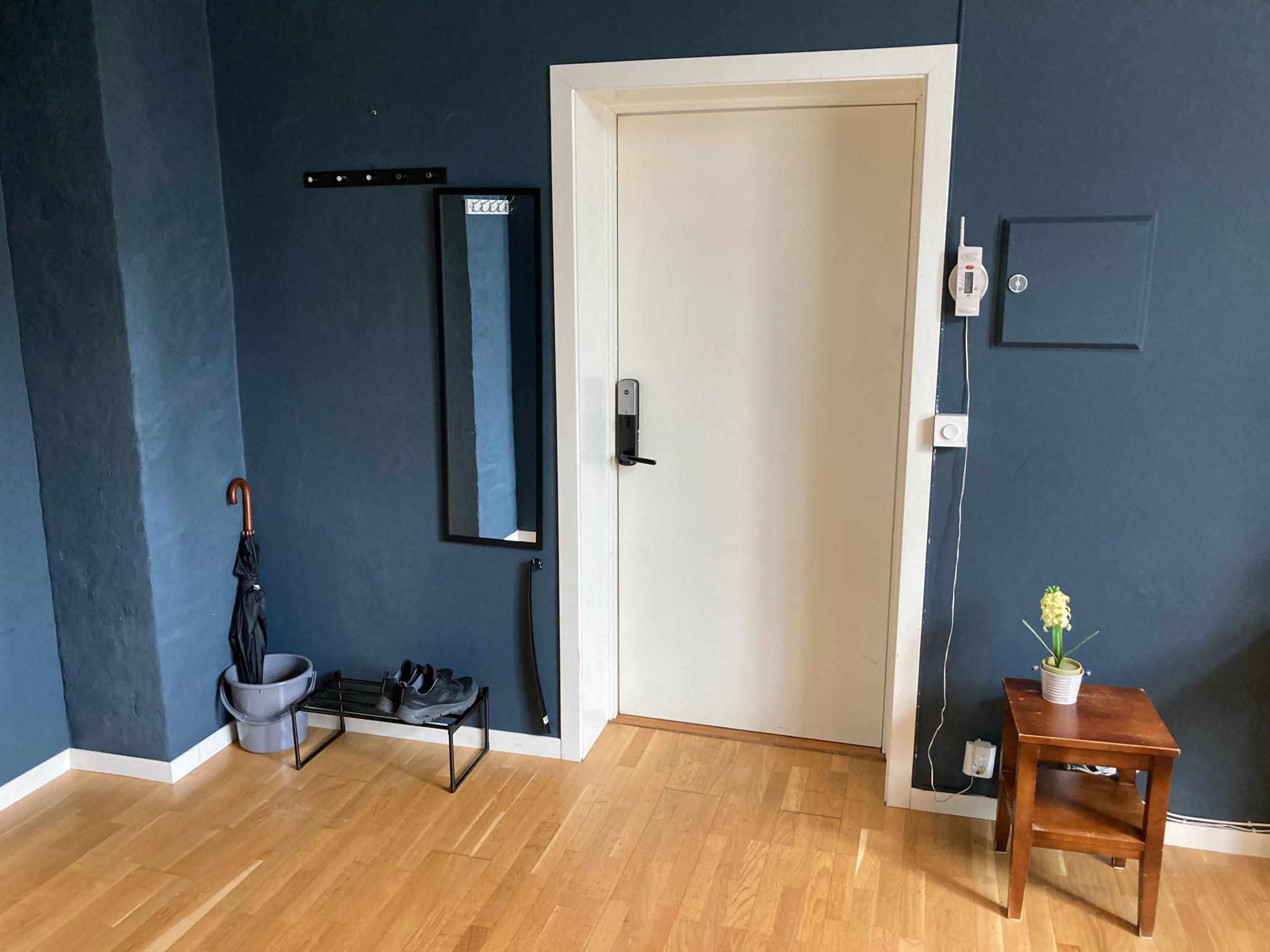 Utgangsdør. Stigen til hemsen kommer til å stå ved paraplyen i bildet.